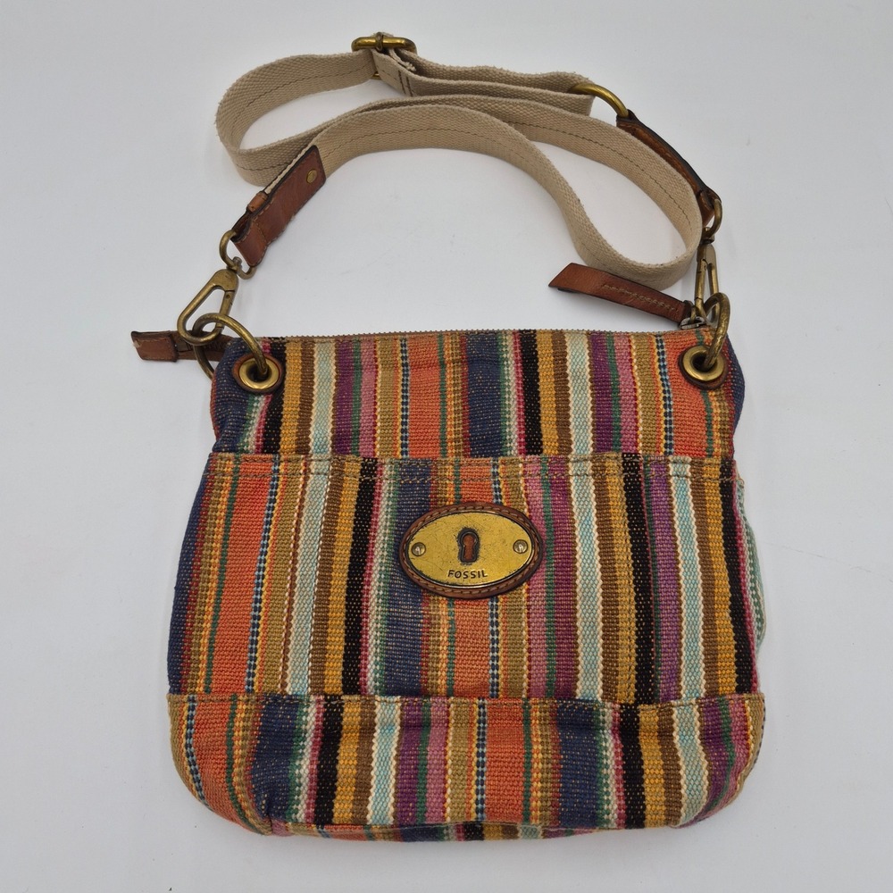 Fossil Long Live Vintage Crossbody Bag Multi Color Striped Woven Canvas Leather